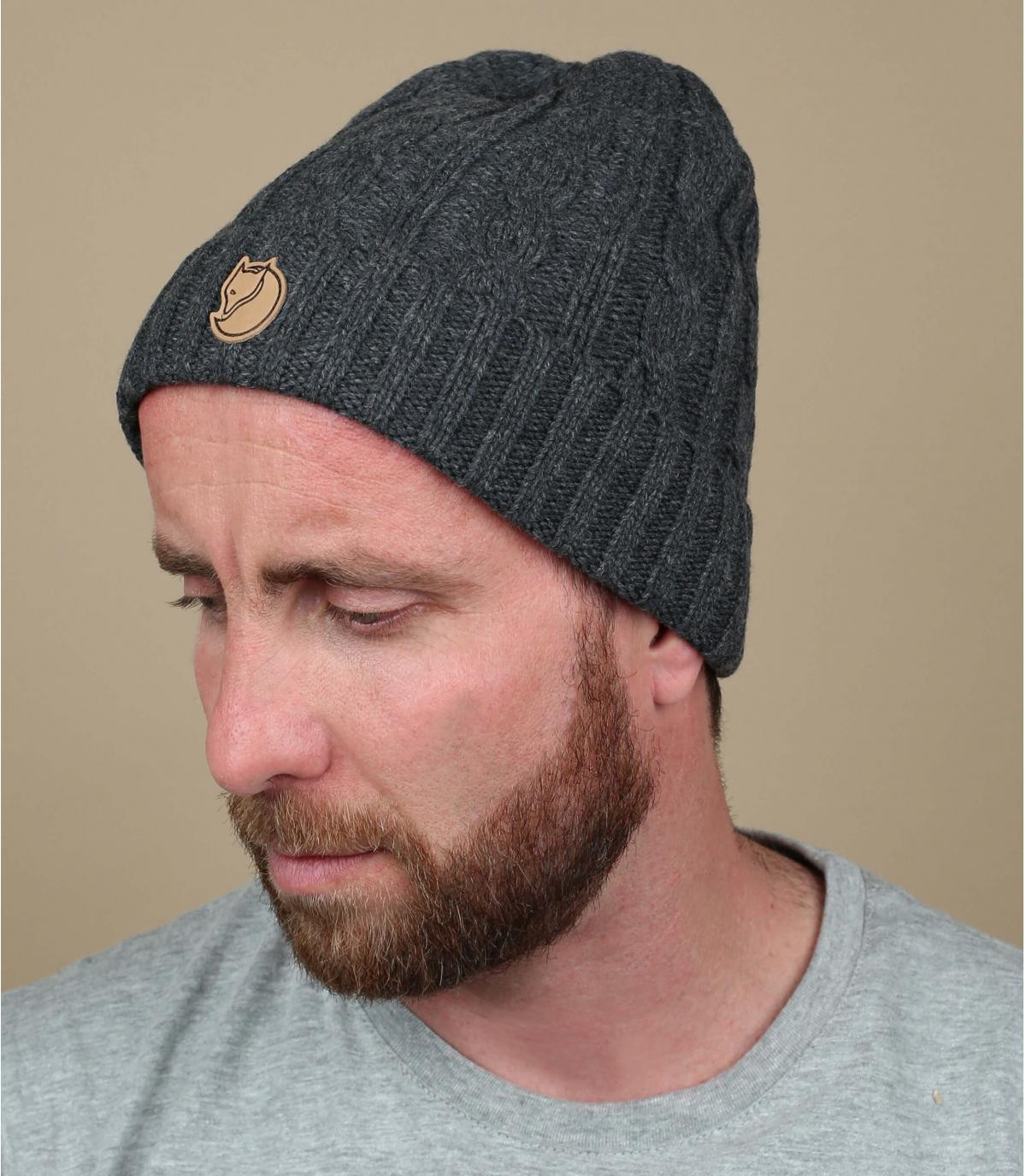 bonnet revers gris Fjällräven Braided Knit dark grey